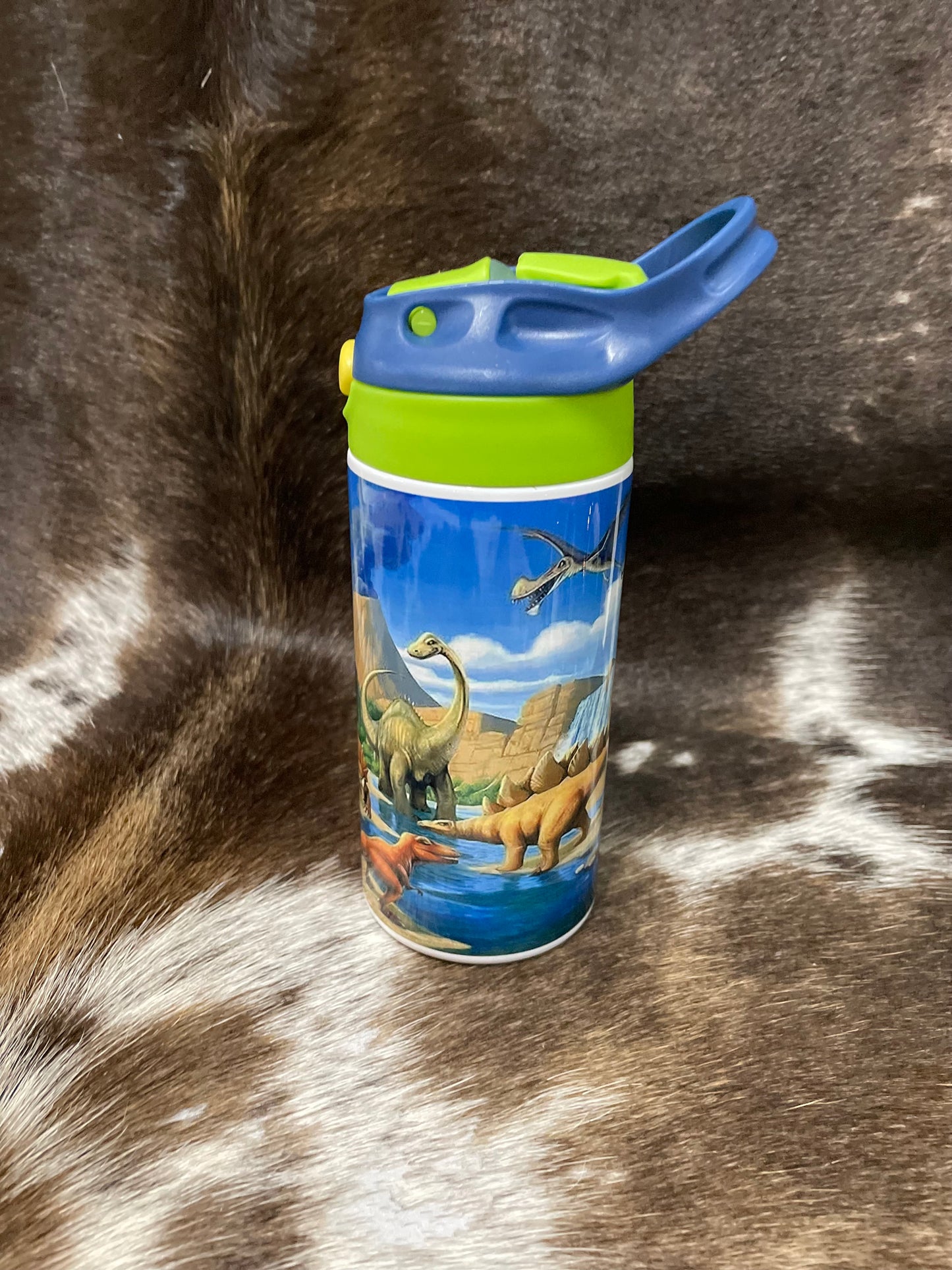 12-ounce double walled stainless steel thermos with dinosaur images.