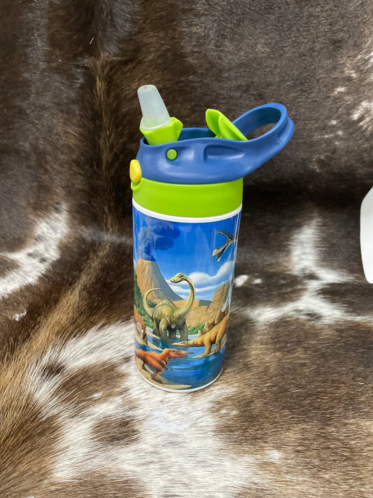 12-ounce double walled stainless steel thermos with dinosaur images.